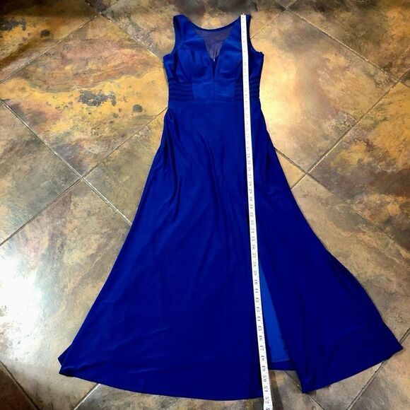 Morgan & Co. Blue Maxi Plunging V neck, Side Mesh Cutouts A-Line Size 5 - Picture 11 of 16